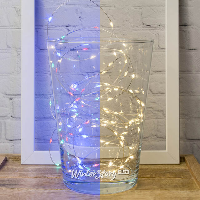 Светодиодная гирлянда Роса на батарейках 4.95 м, 100 теплых белых/разноцветных LED, серебряная проволока, контроллер, IP44 Kaemingk