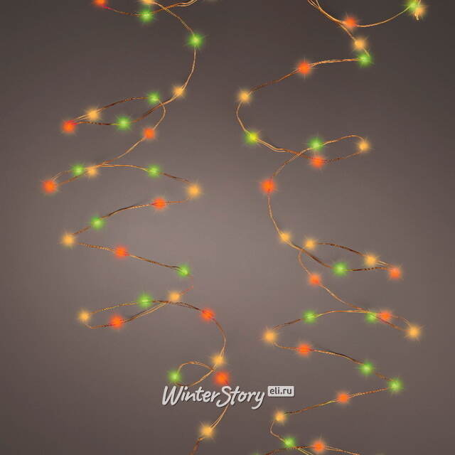 Светодиодная гирлянда Роса Italiano 12 м, 240 зеленых/красных/желтых микро LED, золотая проволока, контроллер, IP44 Kaemingk