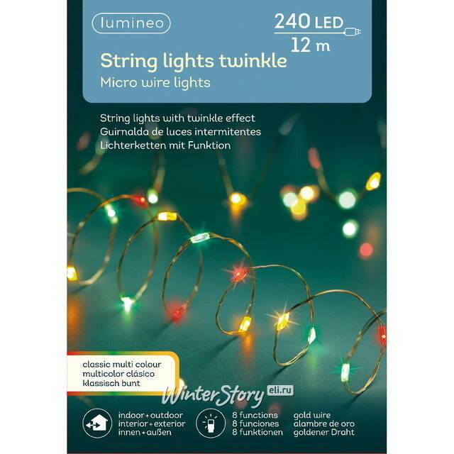 Светодиодная гирлянда Роса Italiano 12 м, 240 зеленых/красных/желтых микро LED, золотая проволока, контроллер, IP44 Kaemingk