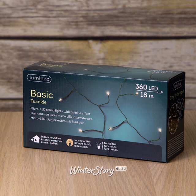 Электрогирлянда Роса Объемная 360 теплых белых мини LED ламп 18 м, зеленая проволока, контроллер, IP44 Kaemingk