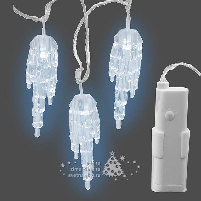 Светодиодная гирлянда на батарейках Ледяные сосульки 24 холодных белых LED ламп 3.45 м, прозрачный ПВХ, контроллер, таймер, IP44 Kaemingk