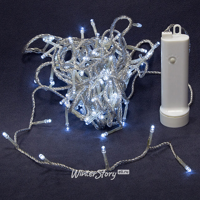 Светодиодная гирлянда на батарейках 96 холодных белых LED ламп 7.1 м, прозрачный ПВХ, контроллер, таймер, IP44 Kaemingk (Кейминг)