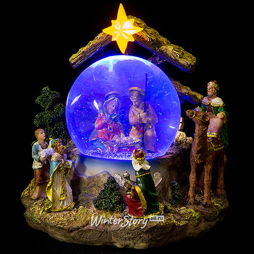Рождественский вертеп - снежный шар Поклонение младенцу Иисусу 20 см с подсветкой и музыкой, на батарейках Sigro