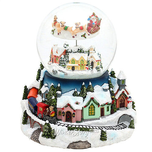 Снежный шар музыкальный Упряжка Санты над зимним городом 20 см, динамика, батарейка Sigro