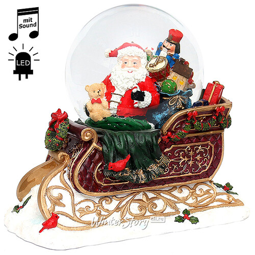 Снежный шар музыкальный Санта в санях с подарками 28 см, подсветка, батарейка Sigro