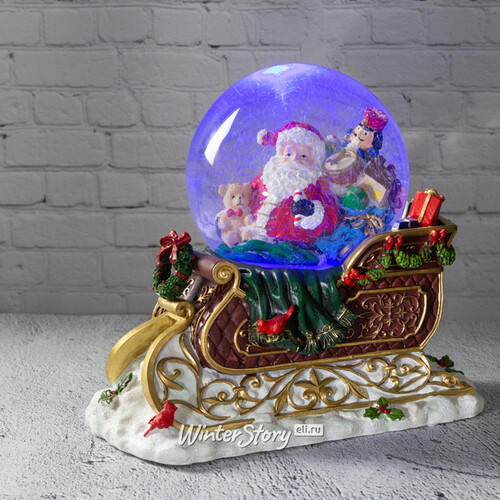 Снежный шар музыкальный Санта в санях с подарками 28 см, подсветка, батарейка Sigro