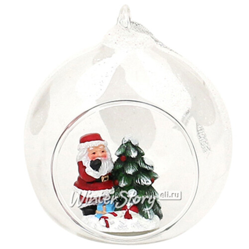 Шар с композицией Лесная сказка - Санта с подарком у нарядной ёлочки 9 см, стекло, подвеска Sigro