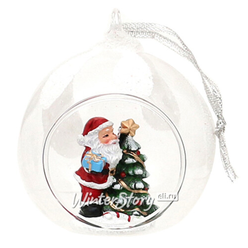 Шар с композицией Лесная сказка - дедушка Санта у ёлочки 9 см, стекло, подвеска Sigro