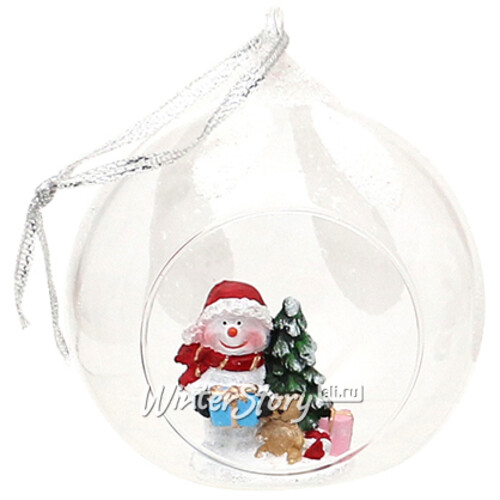 Шар с композицией Лесная сказка - Снеговичок с подарком 9 см, стекло, подвеска Sigro