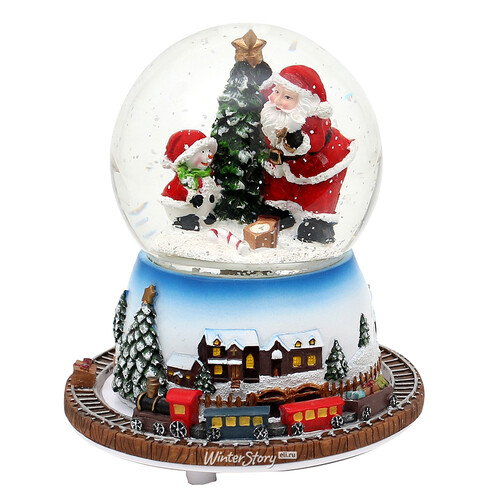 Музыкальный снежный шар Снеговичок и дедушка Санта 16*14 см с движущимся поездом Sigro