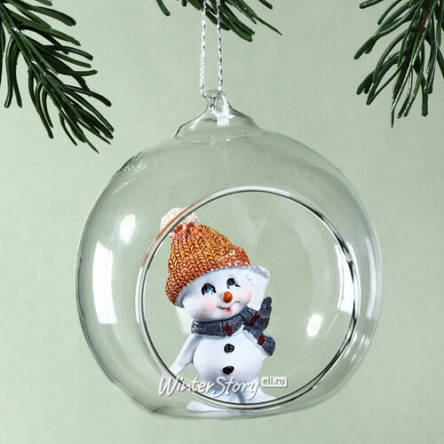 Шар с композицией Снеговичок Билли в оранжевой шапочке 9 см, стекло, подвеска Sigro