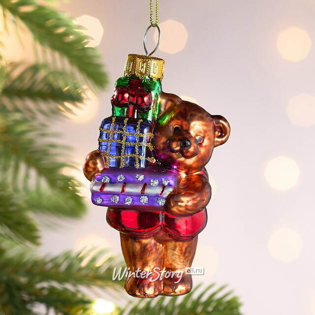 Елочная игрушка Мишка с подарками 9 см, стекло Winter Deco
