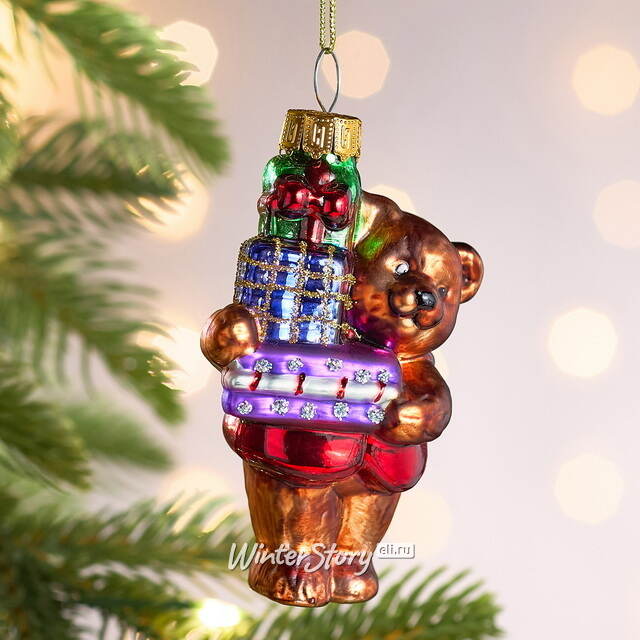 Елочная игрушка Мишка с подарками 9 см, стекло Winter Deco