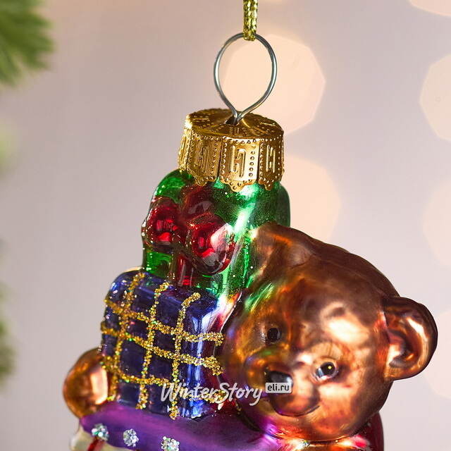 Елочная игрушка Мишка с подарками 9 см, стекло Winter Deco
