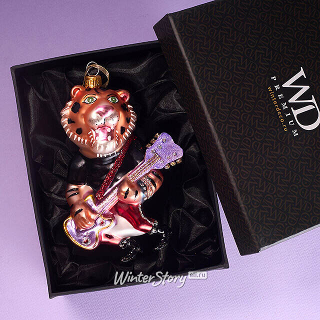 Елочная игрушка Тигр Джеральд с гитарой 14 см в подарочной коробке, стекло Winter Deco