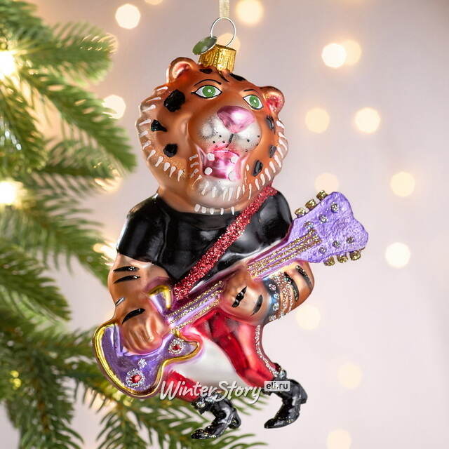 Елочная игрушка Тигр Джеральд с гитарой 14 см в подарочной коробке, стекло Winter Deco