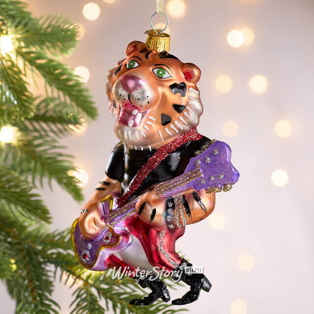 Елочная игрушка Тигр Джеральд с гитарой 14 см в подарочной коробке, стекло Winter Deco