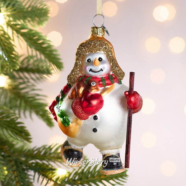 Елочная игрушка Снеговик Денни с мешком подарков 12 см, стекло Winter Deco