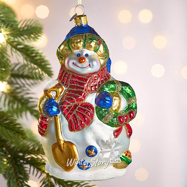 Елочная игрушка Снеговик Лоуэрс с лопаткой 15 см, стекло Winter Deco