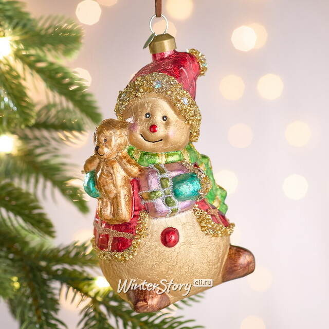 Елочная игрушка Снеговик Харри с мишкой 13 см, стекло Winter Deco