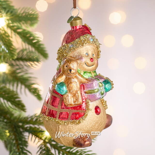 Елочная игрушка Снеговик Харри с мишкой 13 см, стекло Winter Deco