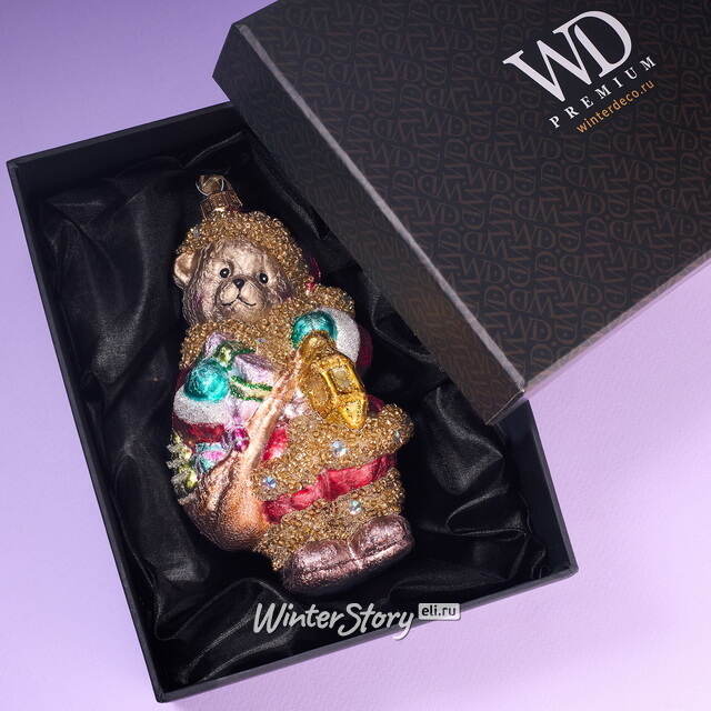 Елочная игрушка Мишка Байли с фонариком 14 см в подарочной коробке, стекло Winter Deco