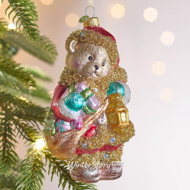 Елочная игрушка Мишка Байли с фонариком 14 см в подарочной коробке, стекло Winter Deco