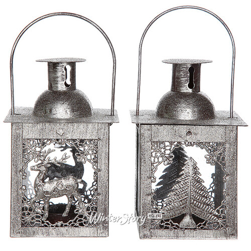 Подсвечник фонарик Морозное серебро с елочкой, 15*10*10 см Billiet