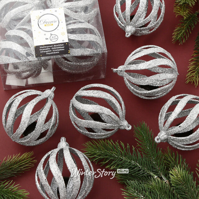 Набор пластиковых шаров Silver Glossy 8 см, 6 шт Kaemingk