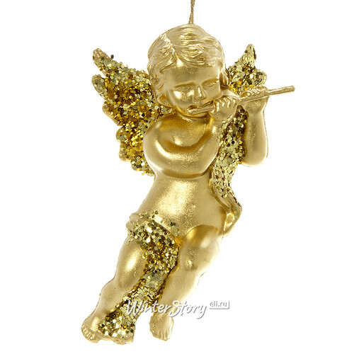 Елочная игрушка Ангел Золотистый с Музыкальным Инструментом 10 см, подвеска Kaemingk