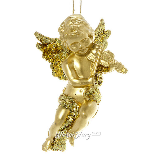 Елочная игрушка Ангел Золотистый с Музыкальным Инструментом 10 см, подвеска Kaemingk
