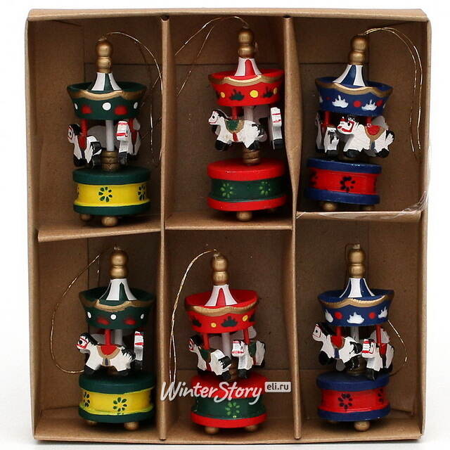 Набор деревянных елочных игрушек Веселая Карусель 6 см, 6 шт Sigro