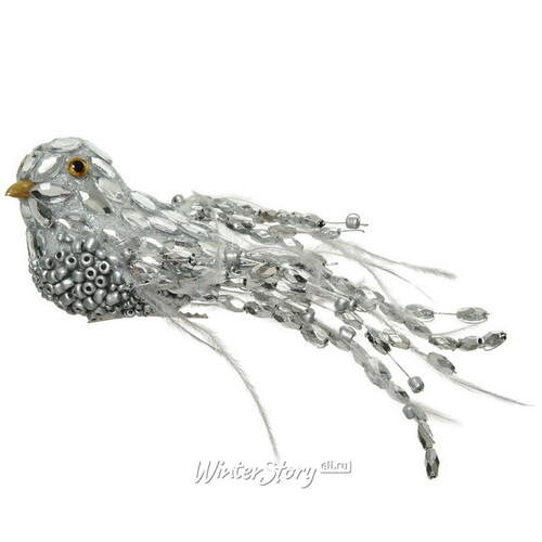 Елочная игрушка Птичка Аврора из Райской Лагуны 18 см серебряная, клипса Kaemingk