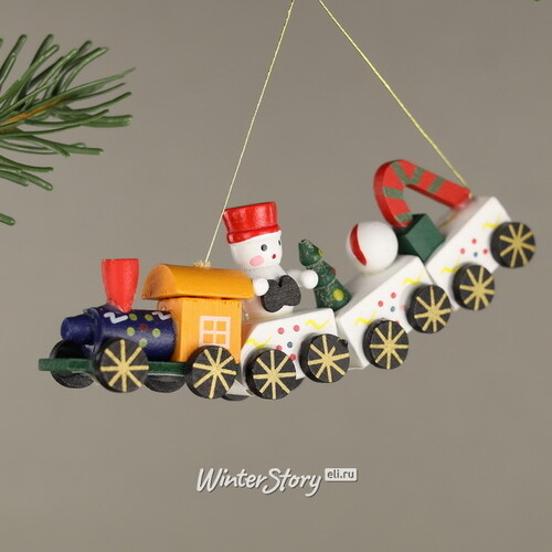 Деревянная елочная игрушка Рождественский Поезд со Снеговиком 12 см, подвеска Breitner