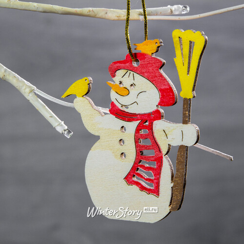 Деревянная ёлочная игрушка Снеговик и птичка 6 см, подвеска Breitner