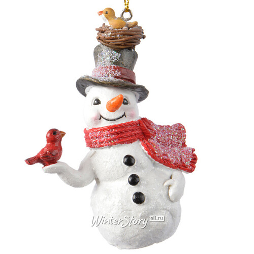 Елочная игрушка Снеговик Сэм с птичкой кардиналом 9.5 см, подвеска Kaemingk