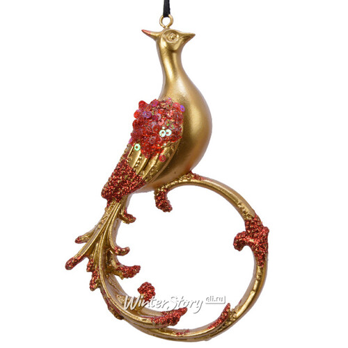 Елочная игрушка Золотистая Пава с алым хвостом 15 см, подвеска Kaemingk