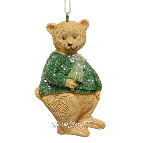 Елочная игрушка Xmas Woodland - Мишка в зеленом свитере 7 см, подвеска Kaemingk