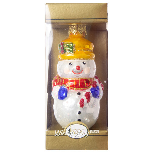 Стеклянная елочная игрушка Снеговик в золотой шляпе 8 см, подвеска Irena Co