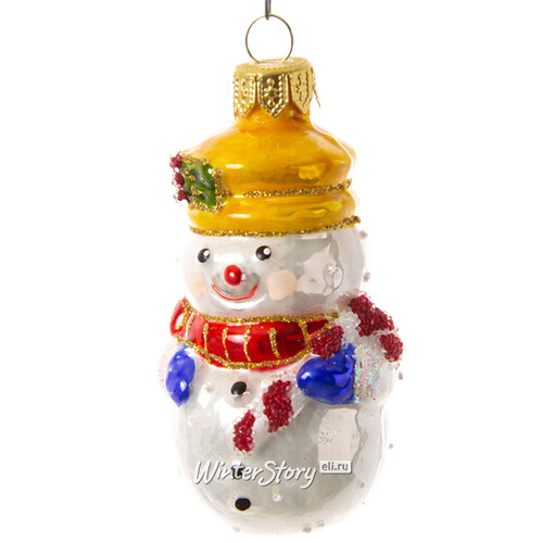 Стеклянная елочная игрушка Снеговик в золотой шляпе 8 см, подвеска Irena Co
