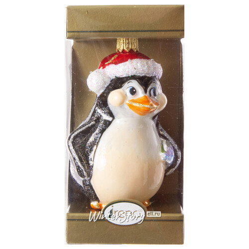 Стеклянная елочная игрушка Пингвин с рыбкой 8 см, подвеска Irena Co