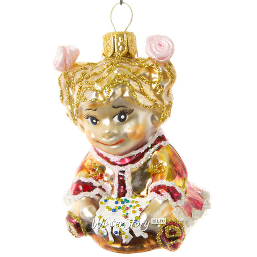 Стеклянная елочная игрушка Девочка с тортиком в золотом 6 см, подвеска Irena Co
