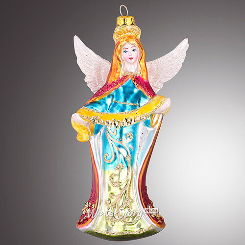 Стеклянная елочная игрушка Ангел с Дарами небес в голубом платье 15 см, подвеска Holiday Classics