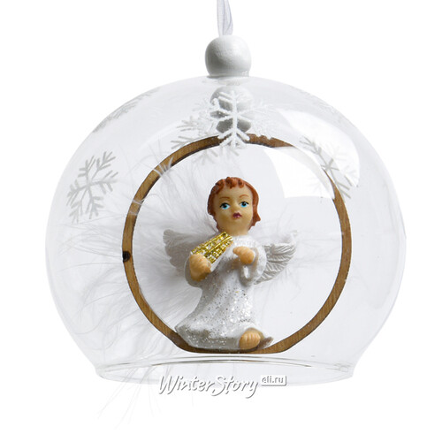 Стеклянный шар Колокольчик Ангел с лирой 9 см, подвеска Kaemingk