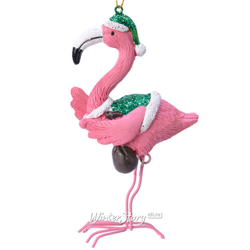 Елочная игрушка Фламинго Санта 14 см в зеленом колпачке, подвеска Kaemingk