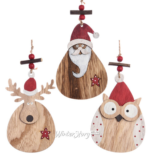 Набор деревянных елочных игрушек Рождественская компания 16 см 3 шт, подвеска Kaemingk