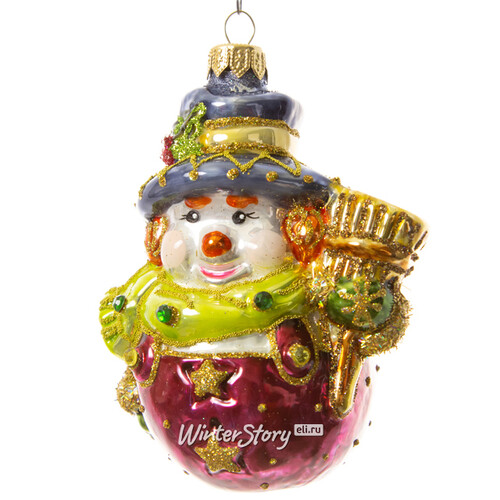 Стеклянная елочная игрушка Снеговик с метелкой в розовом, подвеска Irena Co