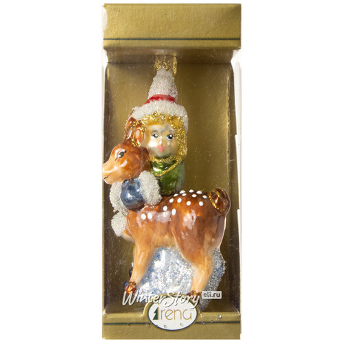 Стеклянная елочная игрушка Девочка с оленёнком 8 см, подвеска Irena Co
