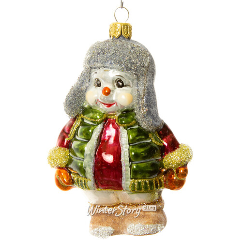 Стеклянная елочная игрушка Снеговик в пуховике и серой шапочке 10 см, подвеска Irena Co