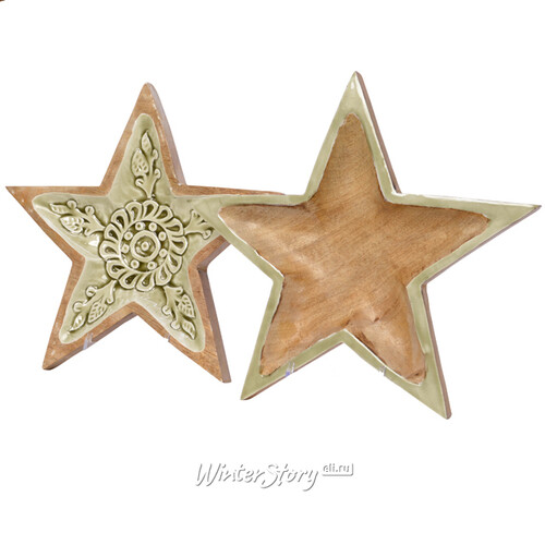 Деревянная тарелка Звезда Аликанте 36 см с нежно-оливковым декором Kaemingk